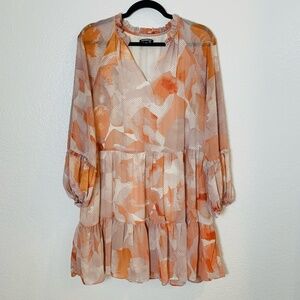 Express Mini Shift Dress Womens Size Large Floral Ruffle Neck Tiered Boho Fairy